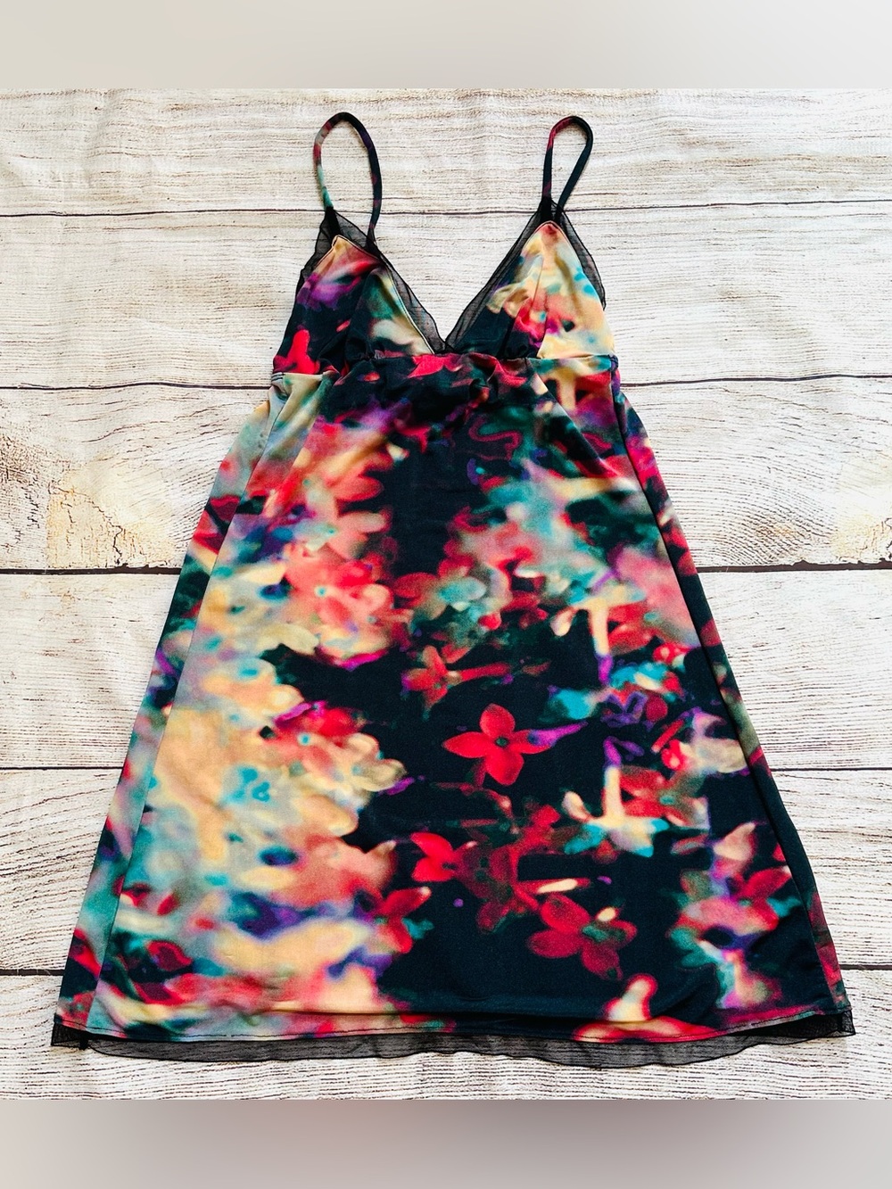 Nicole Miller Gold Label Black Floral Knit Slip Dress w. Mesh Trim Ladies Sz M